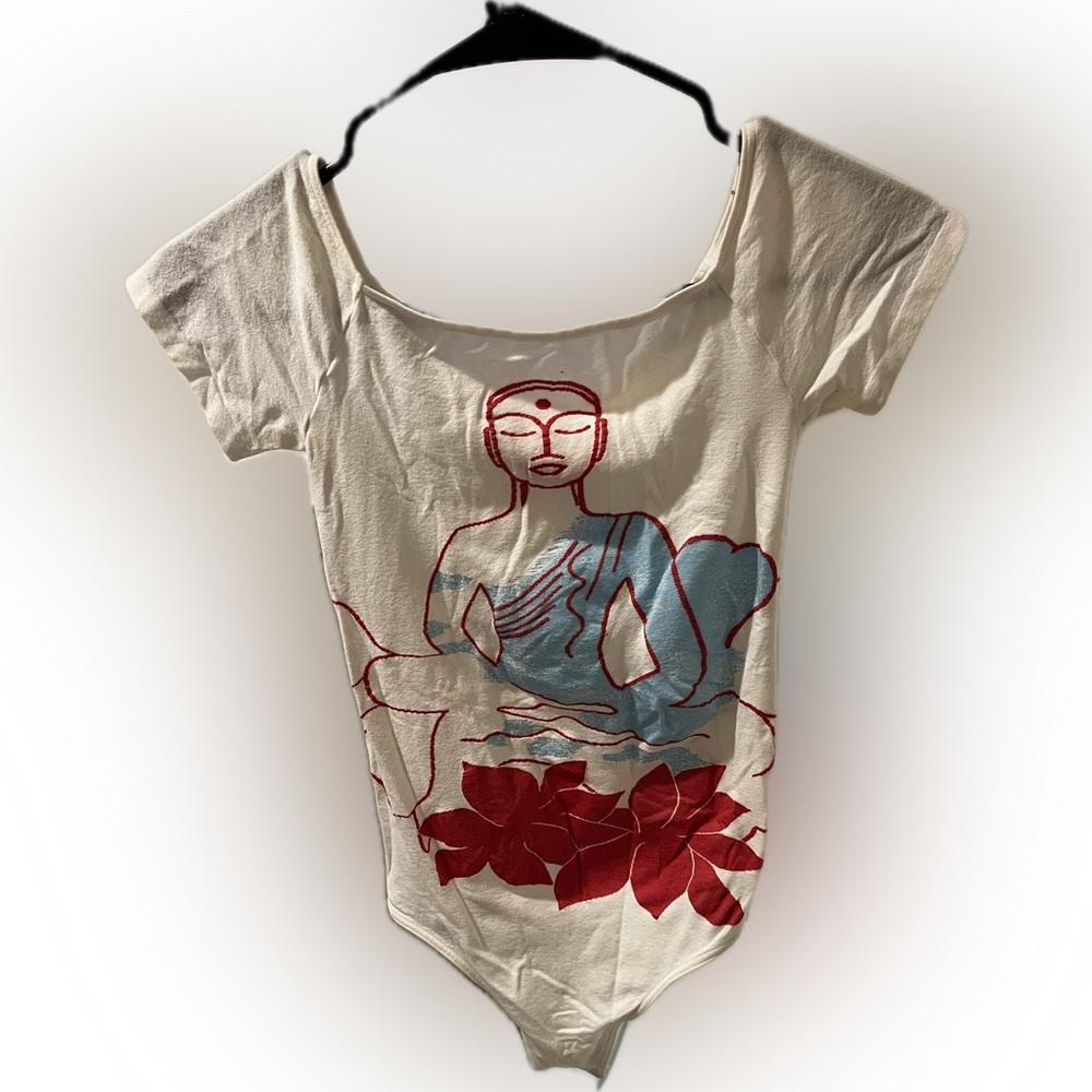 Giorgio Armani White Bodysuit Off-Shoulder Top with Red and Blue Graphic Medium